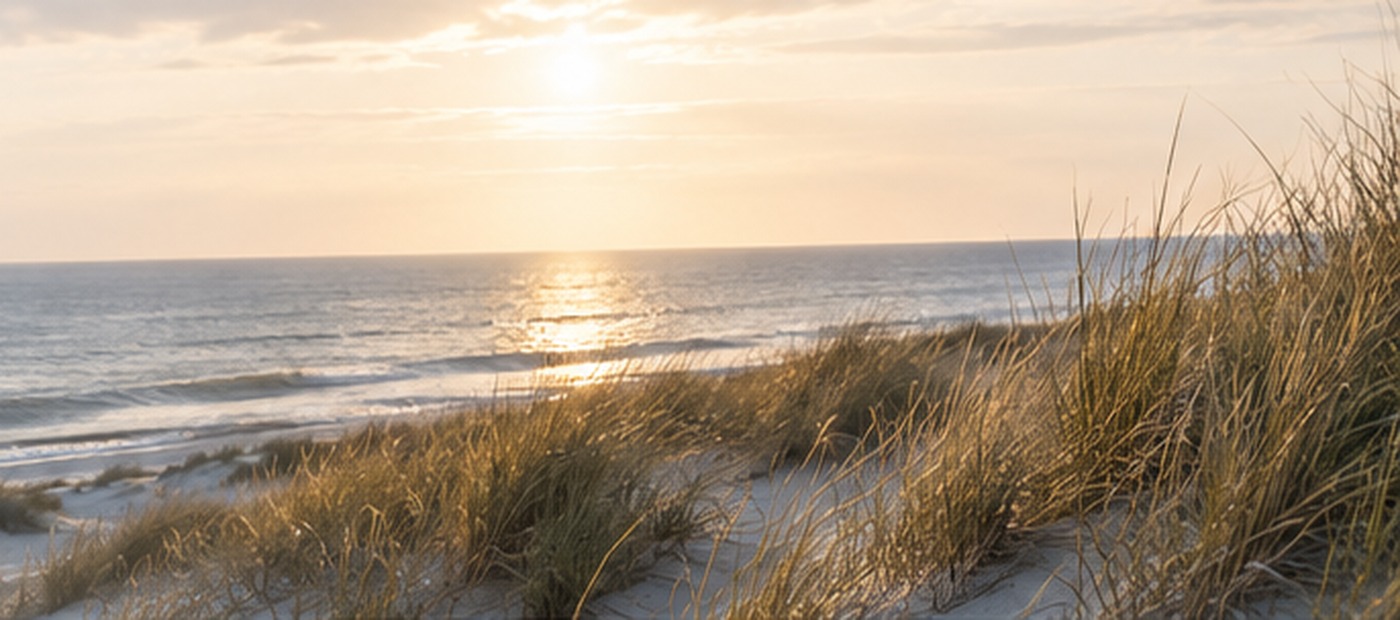 Nordseeküste mit Dünen und Horizont im warmen Licht